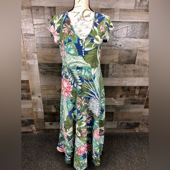 Chaps Dresses & Skirts - CHAPS Women’s Maxi Butterfly-Sl Dress, Size Large, Green Palm Print Jungle-like
